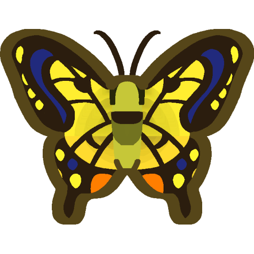 An emote of a pretty and simple icon of the butterfly. The outlines of the butterfly are dark yellow. It has brown monarch butterfly markings on its wings with its base color being yellow. There are yellow, orange, and blue markings on the wings. The body of the butterfly is yellow with a dark brown marking on the back with a big darker yellow mark below that.